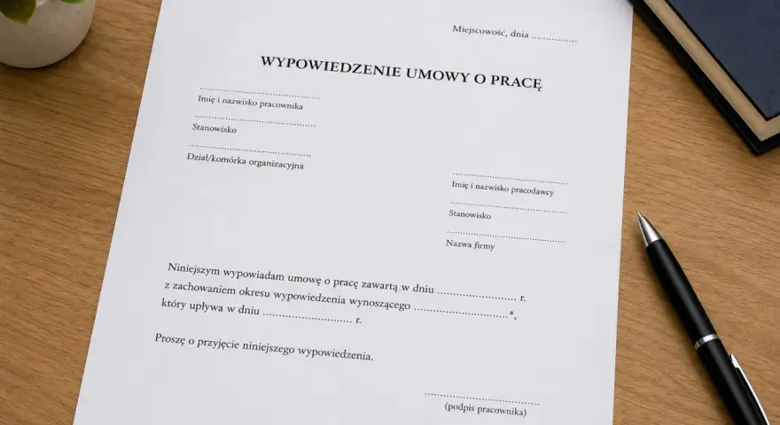 Dokument "Wypowiedzenie umowy o pracę" na biurku, gotowy do wypełnienia. To formalny krok w procesie rozwiązania umowy o pracę za wypowiedzeniem.