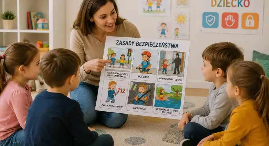 Nauczycielka omawia z dziećmi zasady bezpieczeństwa, pokazując ilustracje dotyczące przechodzenia przez ulicę, jazdy na rowerze i kontaktu z obcymi. Edukacja dla bezpieczeństwa jest kluczowa.