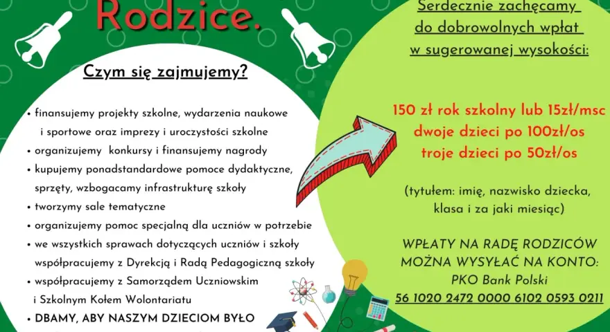 Rada Rodziców finansuje projekty, organizuje konkursy i dba o rozwój szkoły. Zachęcamy do dobrowolnych wpłat.