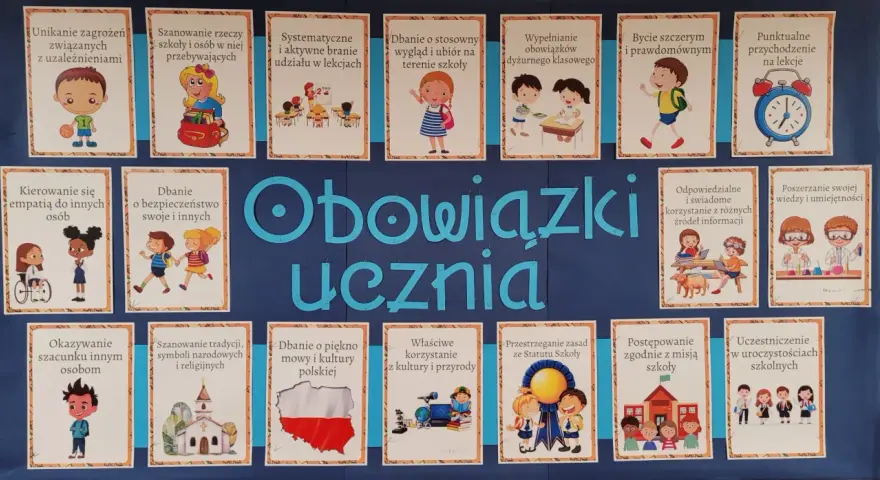 Tablica z ilustracjami przedstawiającymi obowiązki ucznia: punktualność, dbanie o bezpieczeństwo, szacunek, empatię i inne.