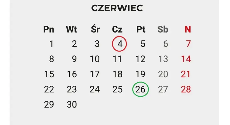 Kalendarz Czerwiec. 26 czerwca, kiedy kończy się rok szkolny, zaznaczone zieloną obwódką.