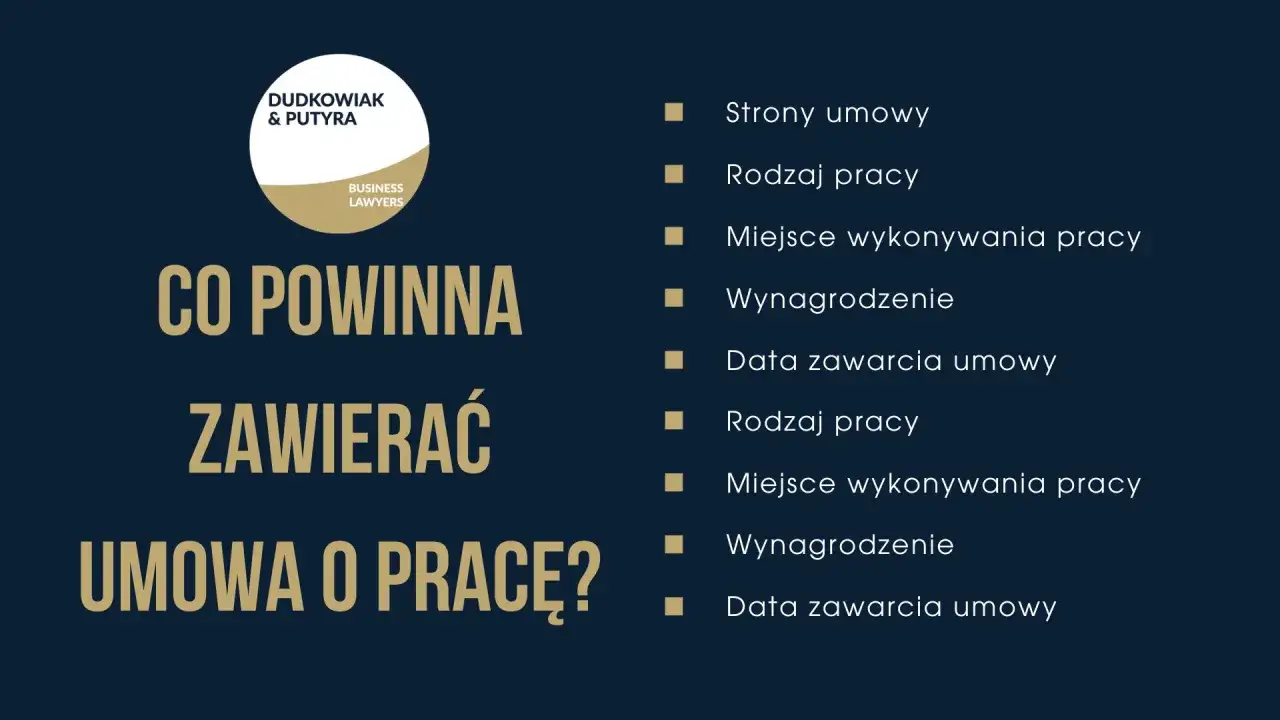Co powinna zawierać umowa o pracę? Kluczowe elementy to: strony, rodzaj pracy, miejsce, data zawarcia umowy i wynagrodzenie zasadnicze.
