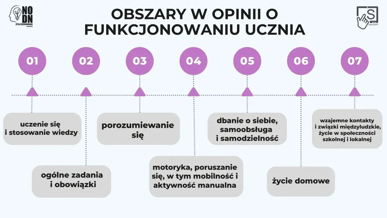 Obszary w ocenie funkcjonowania ucznia: uczenie się, porozumiewanie, dbanie o siebie, kontakty międzyludzkie, zadania, motoryka, życie domowe.