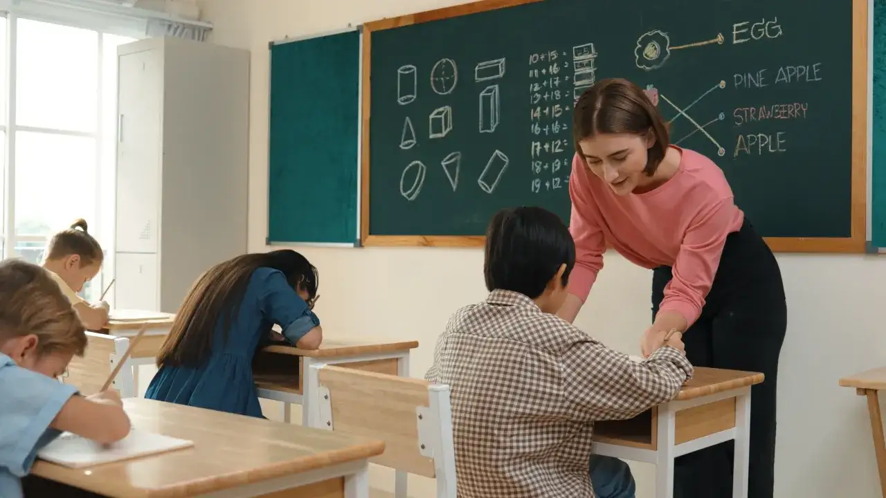 Nauczycielka pomaga uczniowi z zadaniem matematycznym. Ile czasu ma nauczyciel na sprawdzenie sprawdzianu? To pytanie nurtuje wielu uczniów.