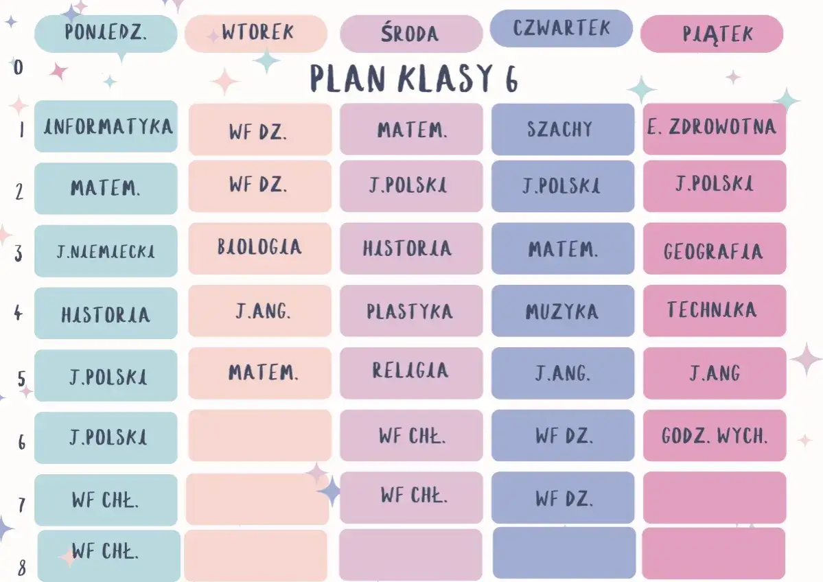Plan lekcji klasy 6: informatyka, matematyka, historia, j.polski, j.angielski, biologia, WF, geografia, technika, muzyka, religia, szachy, wychowanie zdrowotne.