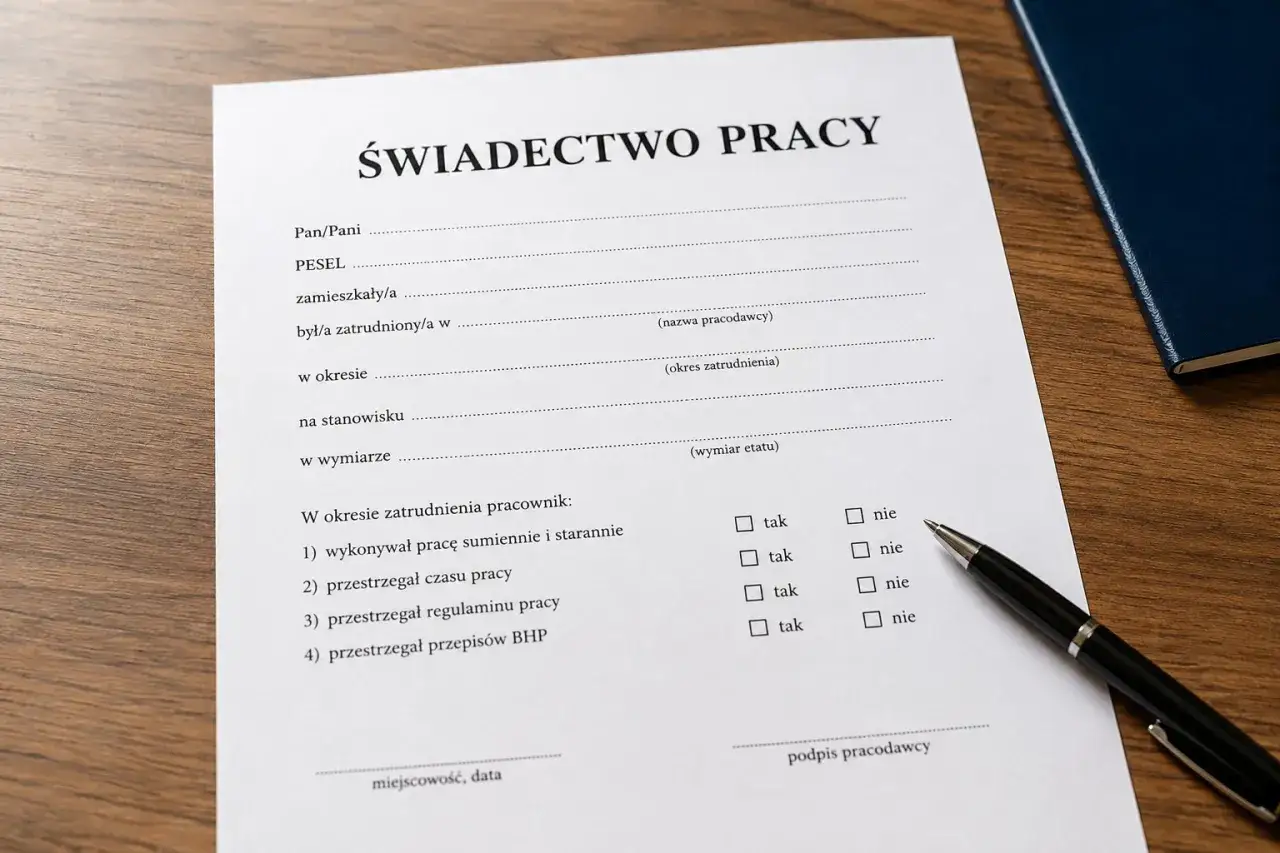 Świadectwo pracy, dokument potwierdzający 15 lat pracy, gotowe do wypełnienia. Długopis i notatnik obok.