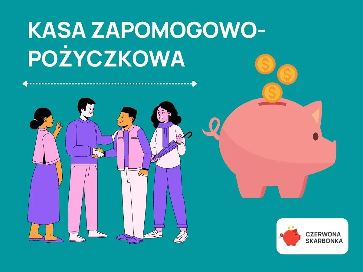 Kasa zapomogowo-pożyczkowa (KZP) to fundusz oszczędnościowy dla pracowników. Na grafice ludzie podają sobie ręce, a obok jest skarbonka.