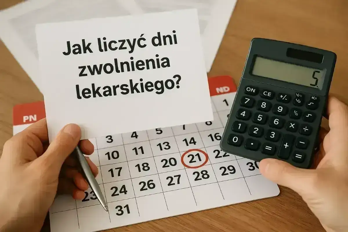Ręce liczą dni na kalendarzu, by ustalić okres zasiłkowy. Kalkulator i notatka 