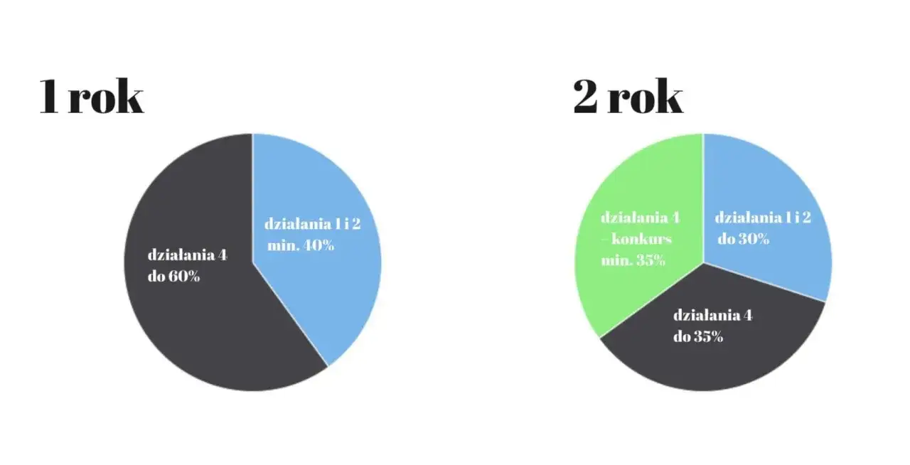 Wykresy kołowe porównujące preliminarz działań w 1. i 2. roku. W 1. roku dominują działania 4 (60%), a w 2. roku rozkład jest bardziej zróżnicowany.