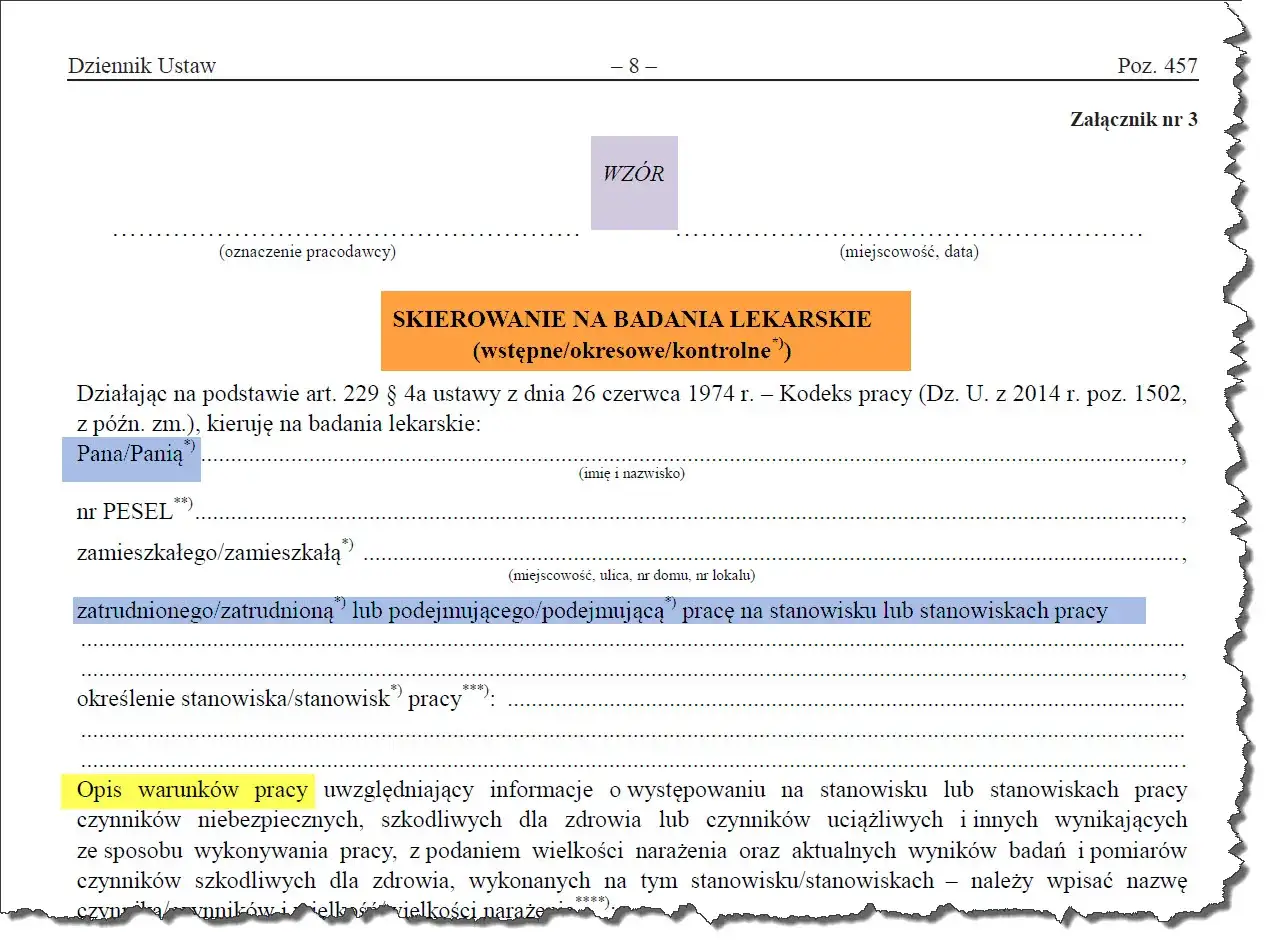 Skierowanie na badania lekarskie pracowników. Dokument zawiera dane pracownika i opis warunków pracy, niezbędne do przeprowadzenia badań okresowych.