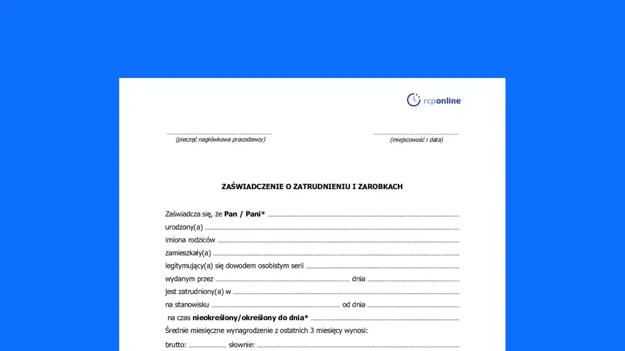 Zaświadczenie o zatrudnieniu i zarobkach z systemu erp-7. Dokument zawiera dane pracownika, jego zatrudnienie i zarobki.