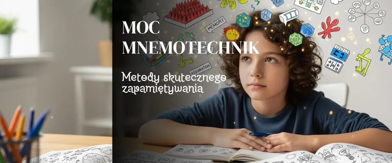 Chłopiec z burzą mózgów pełną symboli, które ilustrują moc mnemotechnik. Skuteczne metody zapamiętywania.