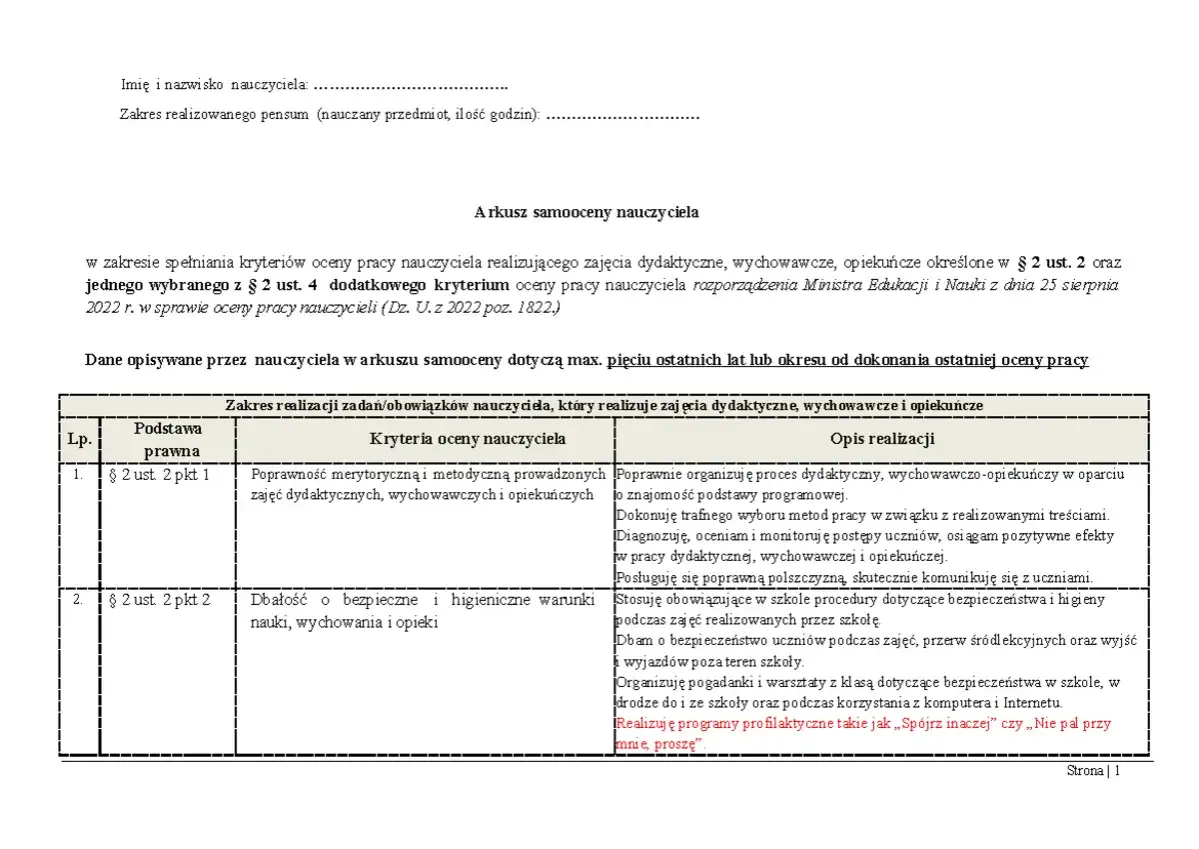 Arkusz samooceny nauczyciela przedszkola: kryteria oceny pracy, opis realizacji zadań dydaktycznych i opiekuńczych.