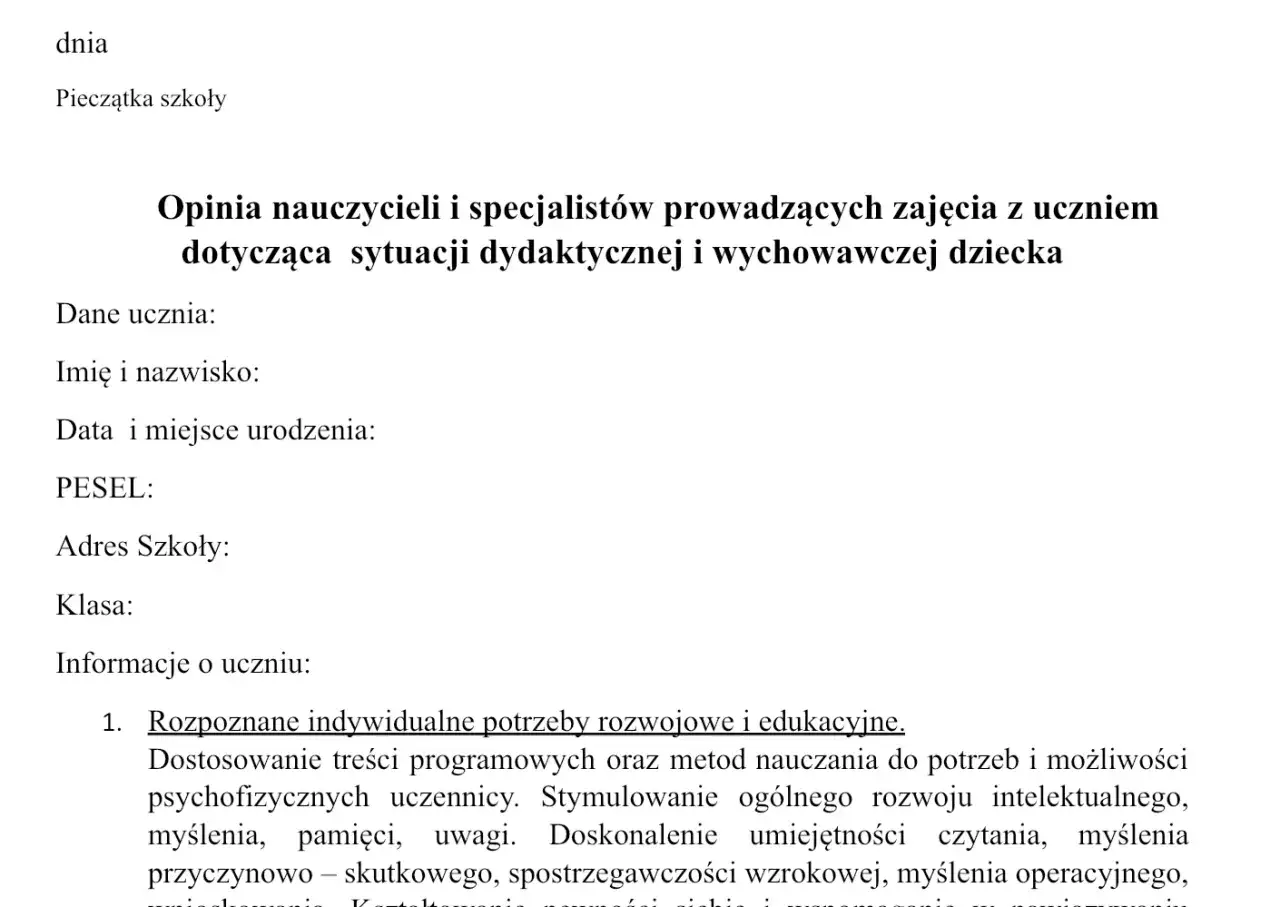 Opinia o uczniu: dokument zawiera dane ucznia i informacje o jego potrzebach rozwojowych i edukacyjnych.