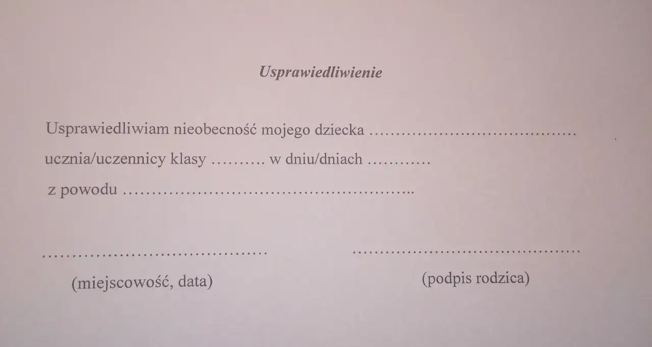 Wzór usprawiedliwienia nieobecności pełnoletni uczeń