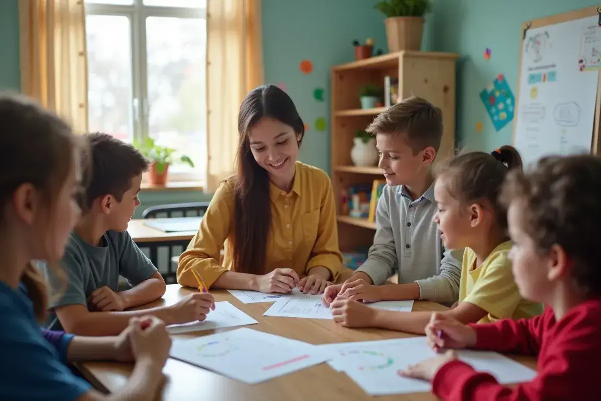 Uśmiechnięta nauczycielka pracuje z dziećmi przy stole. To przykład efektywnej pracy zespołu interdyscyplinarnego, gdzie każdy wnosi coś od siebie.