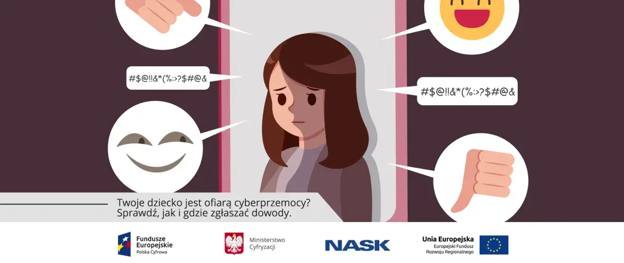 Smutna dziewczynka otoczona symbolami cyberprzemocy. Obraz ostrzega przed mobbingiem w szkole.