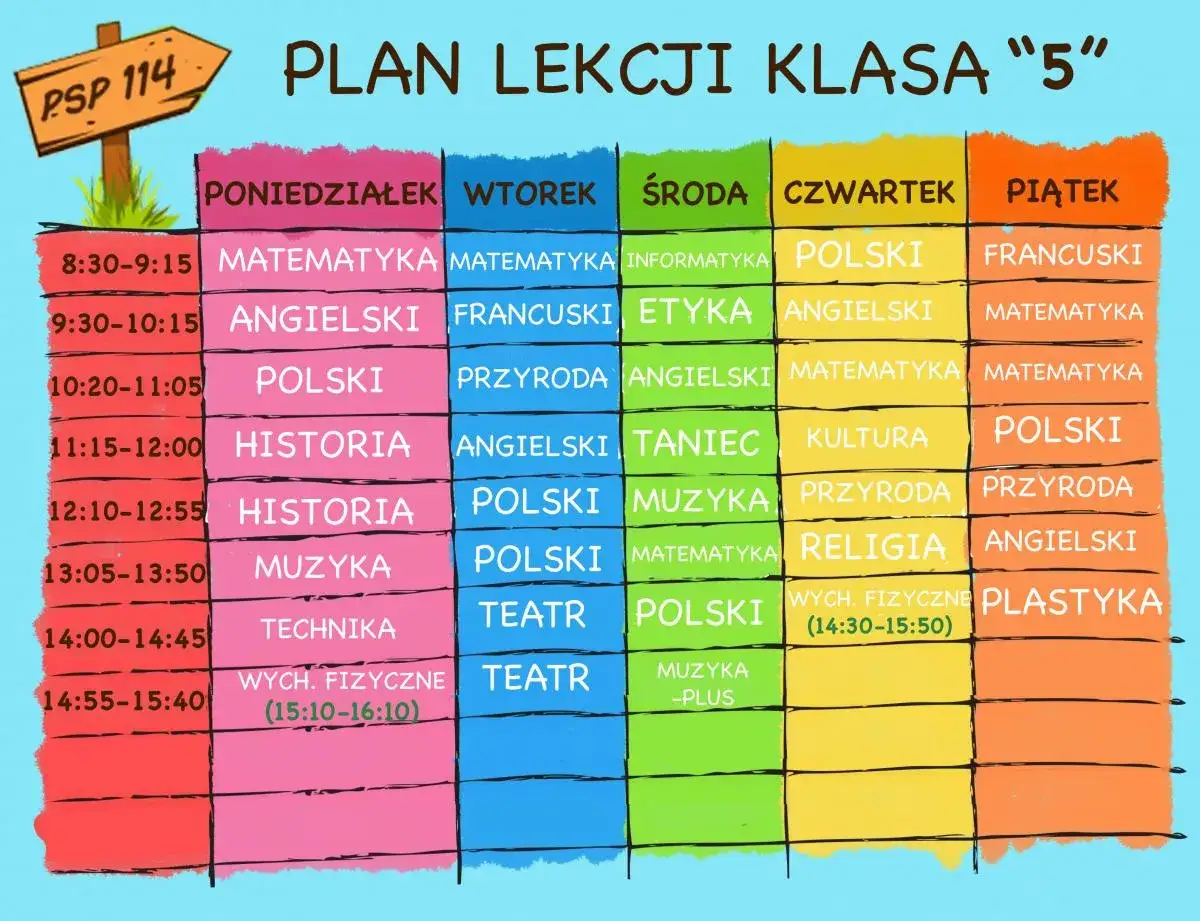 Plan lekcji klasy 5: poniedziałek-piątek. Zajęcia dydaktyczne obejmują matematykę, polski, historię, muzykę, technika, wychowanie fizyczne i inne.