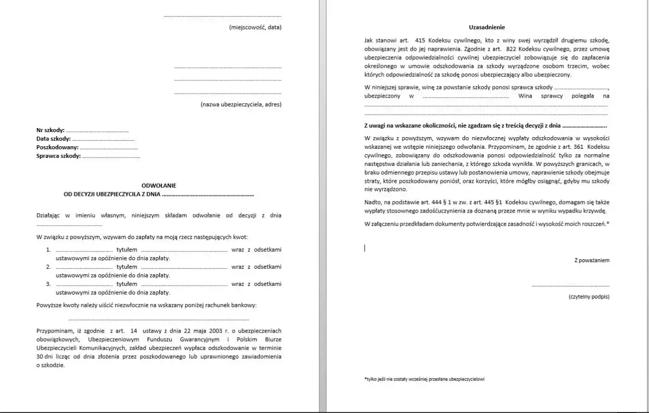 Odwołanie od decyzji ubezpieczyciela, wzywające do zapłaty odszkodowania i zadośćuczynienia. Decyzja administracyjna jest podstawą do dalszych działań.