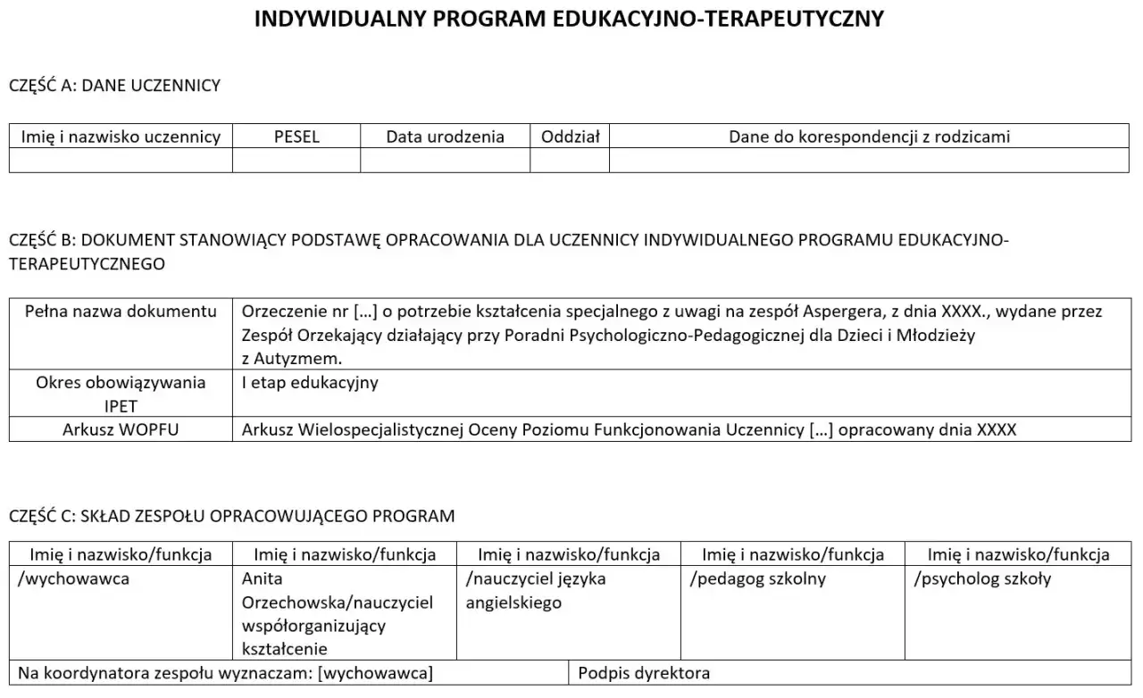 Dokument IPET - Indywidualny Program Edukacyjno-Terapeutyczny. Sekcja B zawiera dane o orzeczeniu i etapie edukacyjnym.
